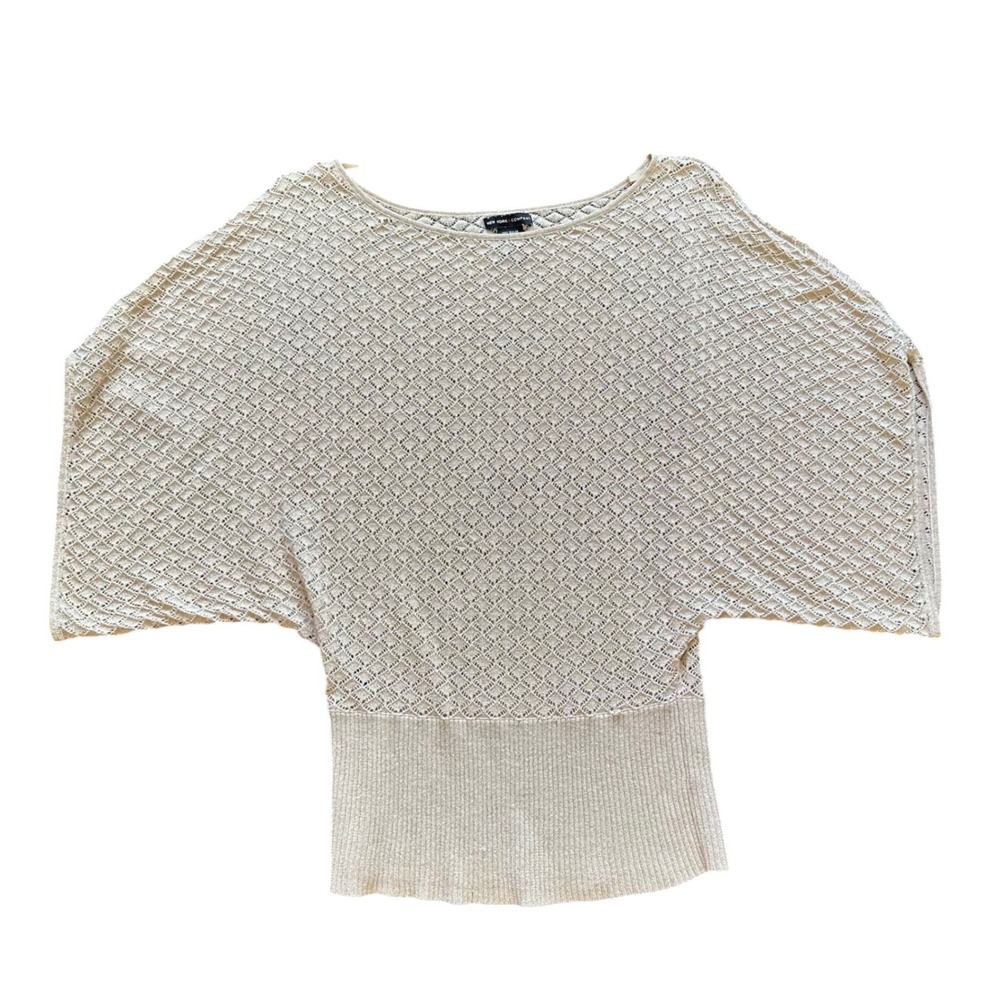 New York & Company Tan Metallic Pointelle Knit Dolman Short Sleeve Top Small